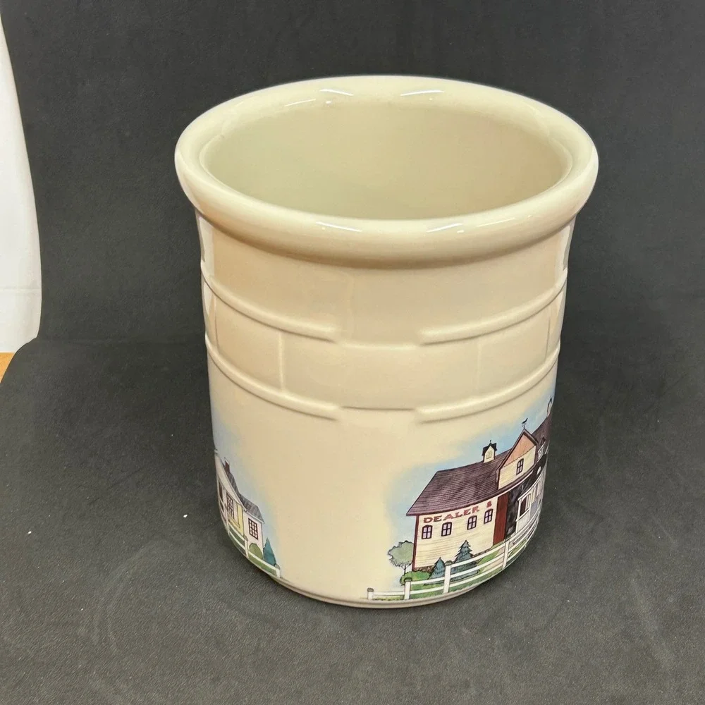 Longaberger Homestead Pottery Canister with Wood Lid Ivory Basketweave USA
